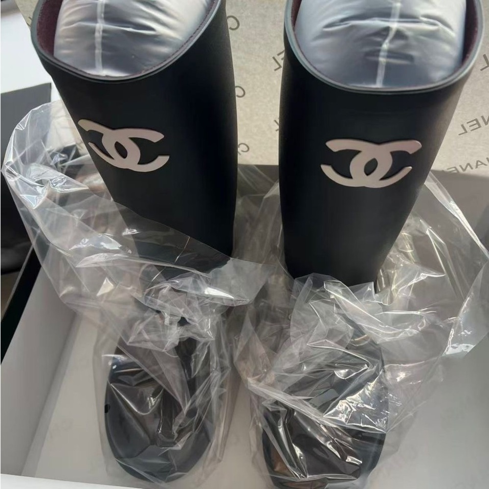 CHANEL Black and White Logo Rain Boots